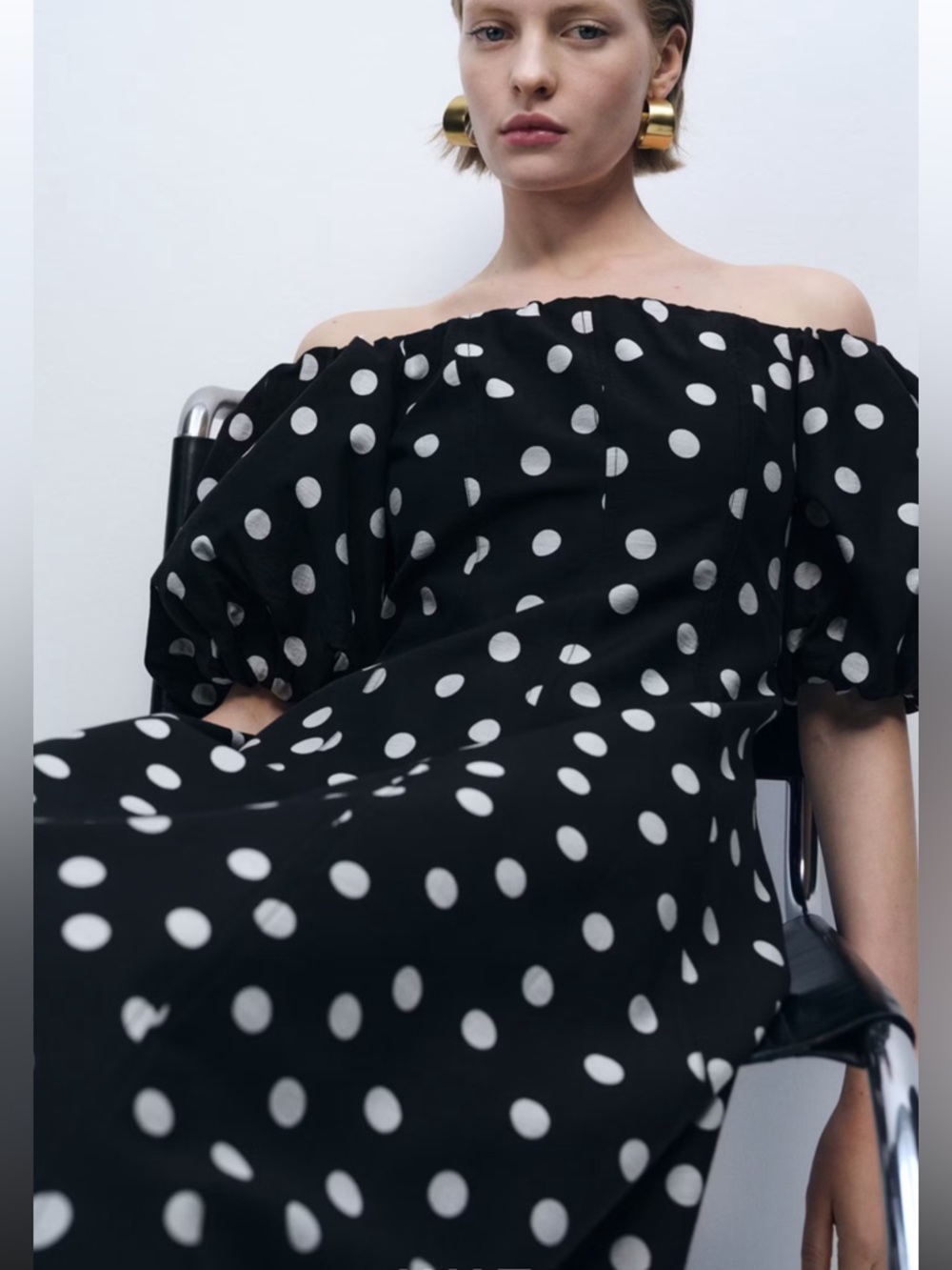 Mango Black Off-Shoulder Polka Dot Midi Dress - Picture 3 of 10